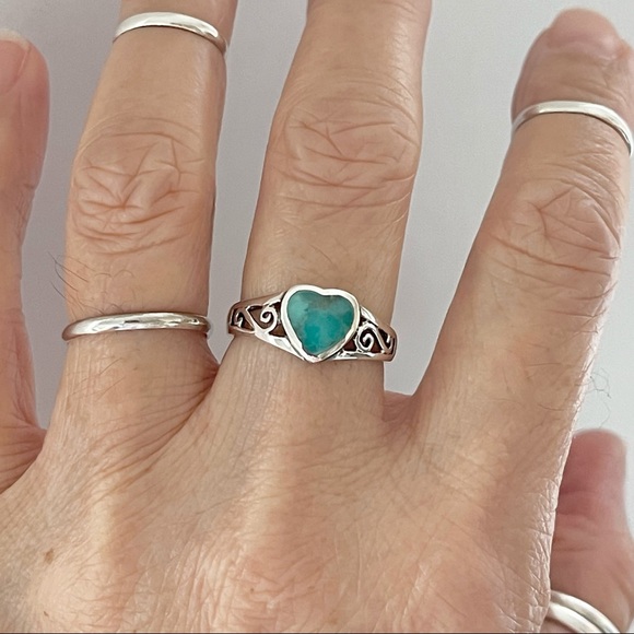 Sterling Silver Swirly and Genuine Turquoise Heart Ring, Silver Rings, Stones - Picture 10 of 12